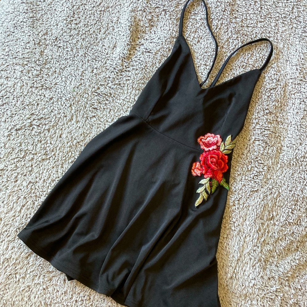 Small, Black deep V Skater dress with flower detail